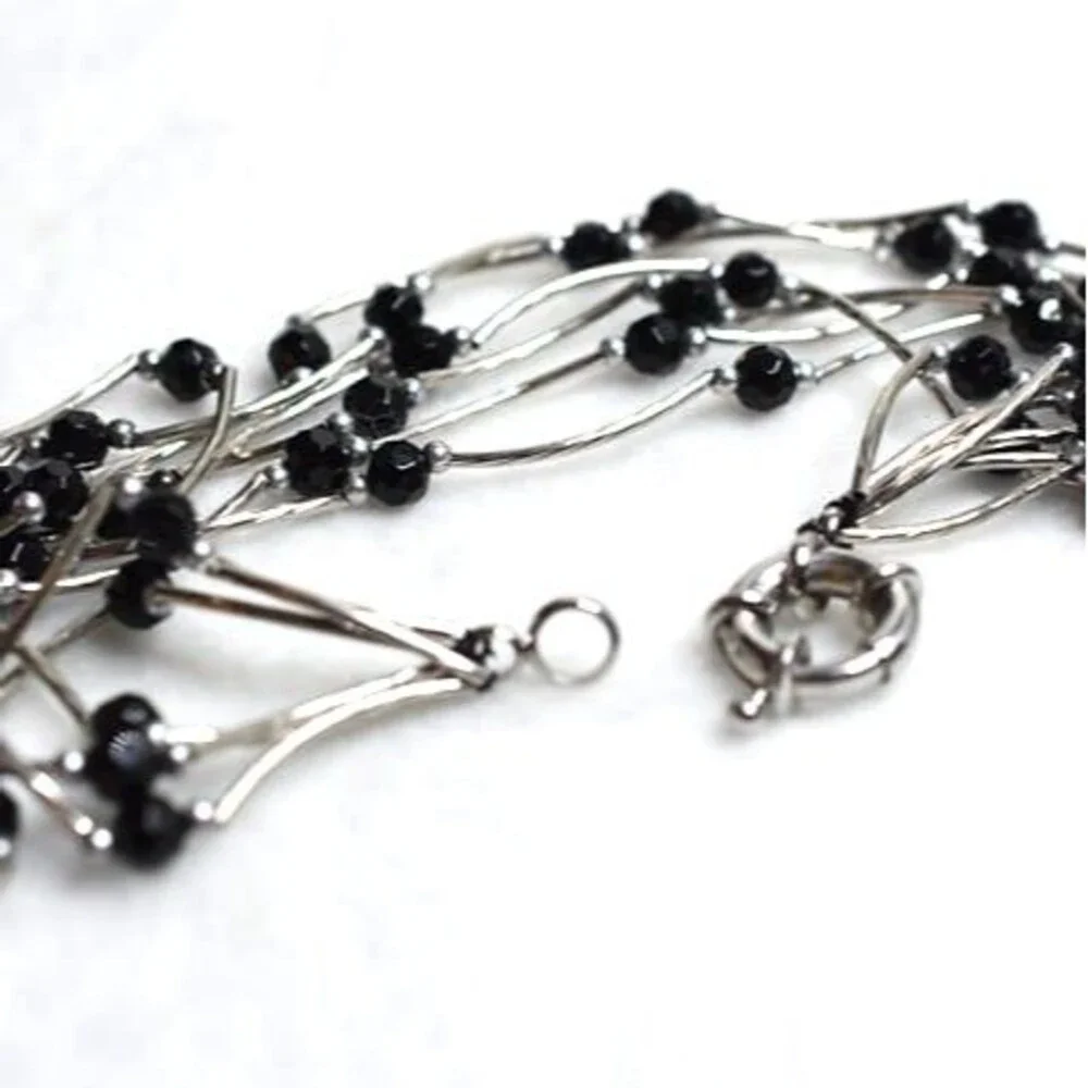 Vtg Captivating Multi Strand Silver Tone Tube Black Faux Pearl Bib 20